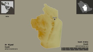 Ar Riyad 'ın şekli, Suudi Arabistan bölgesi ve başkenti. Uzaklık ölçeği, ön gösterimler ve etiketler. Topografik yardım haritası. 3B görüntüleme