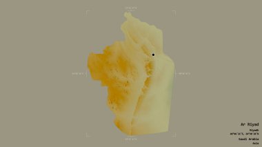 Ar Riyad bölgesi, Suudi Arabistan bölgesi, katı bir zemin üzerinde izole edilmiş bir sınır kutusunda. Etiketler. Topografik yardım haritası. 3B görüntüleme