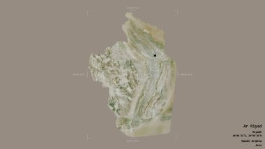Ar Riyad bölgesi, Suudi Arabistan bölgesi, katı bir zemin üzerinde izole edilmiş bir sınır kutusunda. Etiketler. Uydu görüntüleri. 3B görüntüleme