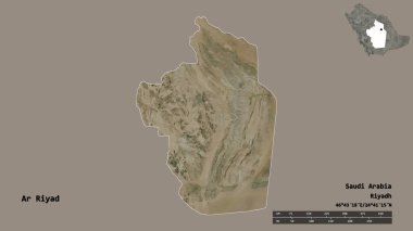 Ar Riyad 'ın şekli, Suudi Arabistan bölgesi, başkenti sağlam arka planda izole edilmiş. Uzaklık ölçeği, bölge önizlemesi ve etiketleri. Uydu görüntüleri. 3B görüntüleme