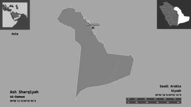 Ash Sharqiyah 'ın şekli, Suudi Arabistan bölgesi ve başkenti. Uzaklık ölçeği, ön gösterimler ve etiketler. Çift seviyeli yükseklik haritası. 3B görüntüleme