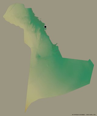 Suudi Arabistan 'ın başkenti Ash Sharqiyah' ın katı renk arkaplanı ile izole edilmiş hali. Topografik yardım haritası. 3B görüntüleme