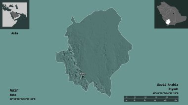 Asir 'in şekli, Suudi Arabistan bölgesi ve başkenti. Uzaklık ölçeği, ön gösterimler ve etiketler. Renkli yükseklik haritası. 3B görüntüleme