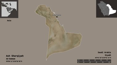Ash Sharqiyah 'ın şekli, Suudi Arabistan bölgesi ve başkenti. Uzaklık ölçeği, ön gösterimler ve etiketler. Uydu görüntüleri. 3B görüntüleme