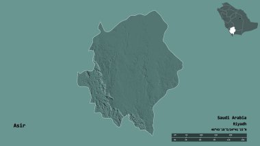 Asir 'in şekli, Suudi Arabistan bölgesi, başkenti sağlam arka planda izole edilmiş. Uzaklık ölçeği, bölge önizlemesi ve etiketleri. Renkli yükseklik haritası. 3B görüntüleme
