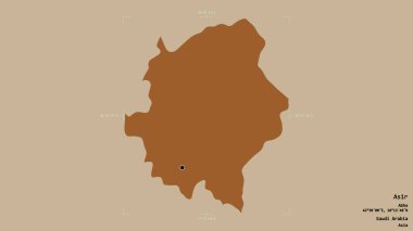 Asir bölgesi, Suudi Arabistan bölgesi, jeoreferatlı bir sınır kutusunda sağlam bir arka planda izole edilmiş. Etiketler. Desenli dokuların bileşimi. 3B görüntüleme