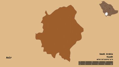 Asir 'in şekli, Suudi Arabistan bölgesi, başkenti sağlam arka planda izole edilmiş. Uzaklık ölçeği, bölge önizlemesi ve etiketleri. Desenli dokuların bileşimi. 3B görüntüleme