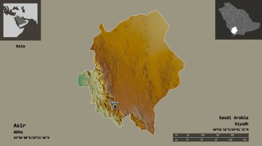 Asir 'in şekli, Suudi Arabistan bölgesi ve başkenti. Uzaklık ölçeği, ön gösterimler ve etiketler. Topografik yardım haritası. 3B görüntüleme