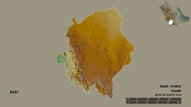 Asir 'in şekli, Suudi Arabistan bölgesi, başkenti sağlam arka planda izole edilmiş. Uzaklık ölçeği, bölge önizlemesi ve etiketleri. Topografik yardım haritası. 3B görüntüleme