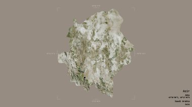 Asir bölgesi, Suudi Arabistan bölgesi, jeoreferatlı bir sınır kutusunda sağlam bir arka planda izole edilmiş. Etiketler. Uydu görüntüleri. 3B görüntüleme