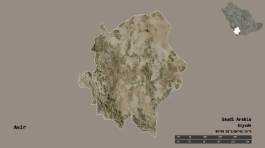 Asir 'in şekli, Suudi Arabistan bölgesi, başkenti sağlam arka planda izole edilmiş. Uzaklık ölçeği, bölge önizlemesi ve etiketleri. Uydu görüntüleri. 3B görüntüleme
