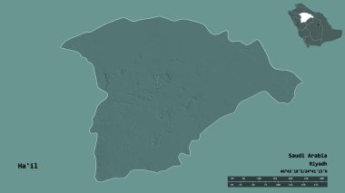 Suudi Arabistan 'ın başkenti Ha' il 'in katı arka planda izole edilmiş hali. Uzaklık ölçeği, bölge önizlemesi ve etiketleri. Renkli yükseklik haritası. 3B görüntüleme