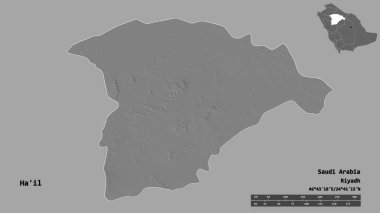 Suudi Arabistan 'ın başkenti Ha' il 'in katı arka planda izole edilmiş hali. Uzaklık ölçeği, bölge önizlemesi ve etiketleri. Çift seviyeli yükseklik haritası. 3B görüntüleme