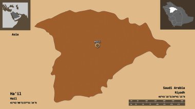 Ha 'il' in şekli, Suudi Arabistan bölgesi ve başkenti. Uzaklık ölçeği, ön gösterimler ve etiketler. Desenli dokuların bileşimi. 3B görüntüleme