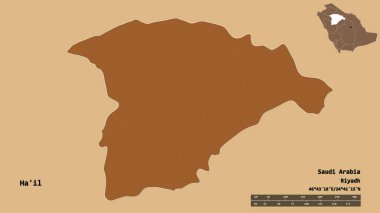 Suudi Arabistan 'ın başkenti Ha' il 'in katı arka planda izole edilmiş hali. Uzaklık ölçeği, bölge önizlemesi ve etiketleri. Desenli dokuların bileşimi. 3B görüntüleme