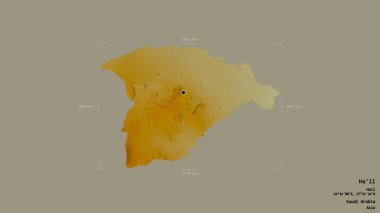 Ha 'il bölgesi, Suudi Arabistan bölgesi, jeoreferatlı bir sınır kutusunda sağlam bir arka planda izole edilmiş. Etiketler. Topografik yardım haritası. 3B görüntüleme