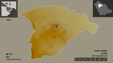 Ha 'il' in şekli, Suudi Arabistan bölgesi ve başkenti. Uzaklık ölçeği, ön gösterimler ve etiketler. Topografik yardım haritası. 3B görüntüleme