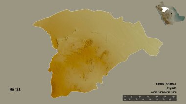 Suudi Arabistan 'ın başkenti Ha' il 'in katı arka planda izole edilmiş hali. Uzaklık ölçeği, bölge önizlemesi ve etiketleri. Topografik yardım haritası. 3B görüntüleme