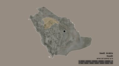 Başkenti, ana bölgesel bölümü ve ayrılmış Ha 'il bölgesiyle Suudi Arabistan' ın deforme edilmiş şekli. Etiketler. Uydu görüntüleri. 3B görüntüleme