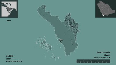 Suudi Arabistan bölgesi ve başkenti Jizan 'ın şekli. Uzaklık ölçeği, ön gösterimler ve etiketler. Renkli yükseklik haritası. 3B görüntüleme