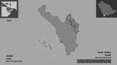 Suudi Arabistan bölgesi ve başkenti Jizan 'ın şekli. Uzaklık ölçeği, ön gösterimler ve etiketler. Çift seviyeli yükseklik haritası. 3B görüntüleme
