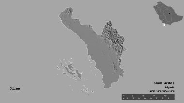 Suudi Arabistan 'ın başkenti Jizan' ın katı arka planda izole edilmiş hali. Uzaklık ölçeği, bölge önizlemesi ve etiketleri. Çift seviyeli yükseklik haritası. 3B görüntüleme