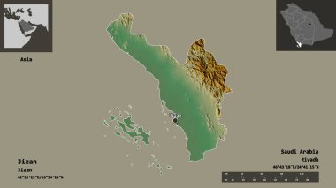 Suudi Arabistan bölgesi ve başkenti Jizan 'ın şekli. Uzaklık ölçeği, ön gösterimler ve etiketler. Topografik yardım haritası. 3B görüntüleme