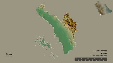 Suudi Arabistan 'ın başkenti Jizan' ın katı arka planda izole edilmiş hali. Uzaklık ölçeği, bölge önizlemesi ve etiketleri. Topografik yardım haritası. 3B görüntüleme