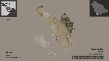 Suudi Arabistan bölgesi ve başkenti Jizan 'ın şekli. Uzaklık ölçeği, ön gösterimler ve etiketler. Uydu görüntüleri. 3B görüntüleme