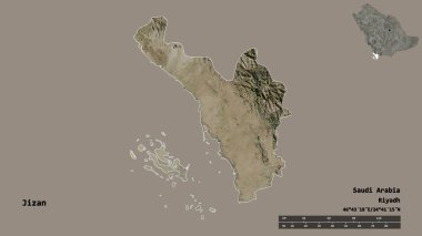 Suudi Arabistan 'ın başkenti Jizan' ın katı arka planda izole edilmiş hali. Uzaklık ölçeği, bölge önizlemesi ve etiketleri. Uydu görüntüleri. 3B görüntüleme