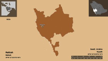 Makkah 'ın şekli, Suudi Arabistan bölgesi ve başkenti. Uzaklık ölçeği, ön gösterimler ve etiketler. Desenli dokuların bileşimi. 3B görüntüleme
