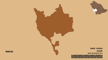 Suudi Arabistan 'ın başkenti Makkah' ın katı arka planda izole edilmiş hali. Uzaklık ölçeği, bölge önizlemesi ve etiketleri. Desenli dokuların bileşimi. 3B görüntüleme