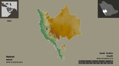 Makkah 'ın şekli, Suudi Arabistan bölgesi ve başkenti. Uzaklık ölçeği, ön gösterimler ve etiketler. Topografik yardım haritası. 3B görüntüleme