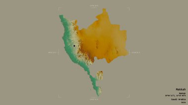 Makkah bölgesi, Suudi Arabistan bölgesi, jeoreferatlı bir sınır kutusunda sağlam bir arka planda izole edilmiş. Etiketler. Topografik yardım haritası. 3B görüntüleme