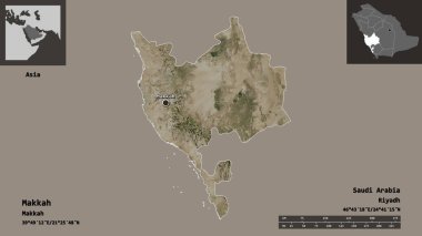 Makkah 'ın şekli, Suudi Arabistan bölgesi ve başkenti. Uzaklık ölçeği, ön gösterimler ve etiketler. Uydu görüntüleri. 3B görüntüleme