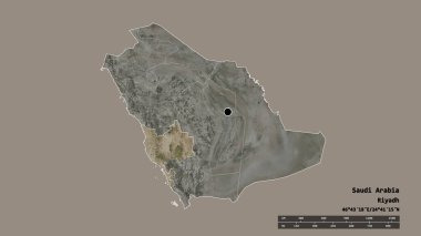 Başkenti, ana bölgesel bölümü ve ayrılmış Makkah bölgesiyle Suudi Arabistan 'ın dejenere edilmiş şekli. Etiketler. Uydu görüntüleri. 3B görüntüleme