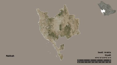 Suudi Arabistan 'ın başkenti Makkah' ın katı arka planda izole edilmiş hali. Uzaklık ölçeği, bölge önizlemesi ve etiketleri. Uydu görüntüleri. 3B görüntüleme