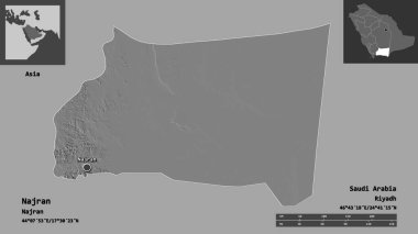 Najran 'ın şekli, Suudi Arabistan bölgesi ve başkenti. Uzaklık ölçeği, ön gösterimler ve etiketler. Çift seviyeli yükseklik haritası. 3B görüntüleme