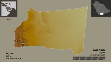 Najran 'ın şekli, Suudi Arabistan bölgesi ve başkenti. Uzaklık ölçeği, ön gösterimler ve etiketler. Topografik yardım haritası. 3B görüntüleme