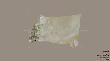 Najran bölgesi, Suudi Arabistan bölgesi, jeoreferatlı bir sınır kutusunda sağlam bir arka planda izole edilmiş. Etiketler. Uydu görüntüleri. 3B görüntüleme