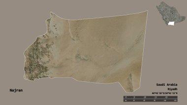 Suudi Arabistan 'ın başkenti Najran' ın katı arka planda izole edilmiş hali. Uzaklık ölçeği, bölge önizlemesi ve etiketleri. Uydu görüntüleri. 3B görüntüleme