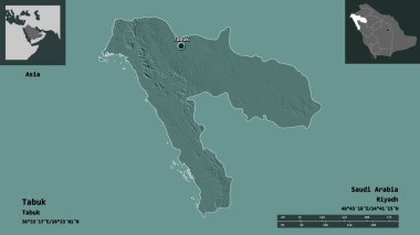 Tabuk 'un şekli, Suudi Arabistan bölgesi ve başkenti. Uzaklık ölçeği, ön gösterimler ve etiketler. Renkli yükseklik haritası. 3B görüntüleme