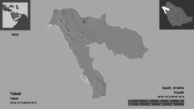 Tabuk 'un şekli, Suudi Arabistan bölgesi ve başkenti. Uzaklık ölçeği, ön gösterimler ve etiketler. Çift seviyeli yükseklik haritası. 3B görüntüleme