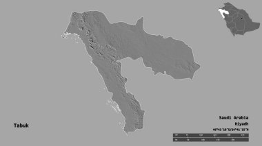 Tabuk 'un şekli, Suudi Arabistan bölgesi, başkenti sağlam bir zemin üzerinde izole edilmiş. Uzaklık ölçeği, bölge önizlemesi ve etiketleri. Çift seviyeli yükseklik haritası. 3B görüntüleme