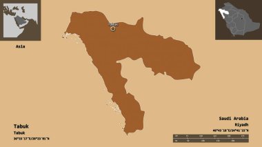 Tabuk 'un şekli, Suudi Arabistan bölgesi ve başkenti. Uzaklık ölçeği, ön gösterimler ve etiketler. Desenli dokuların bileşimi. 3B görüntüleme