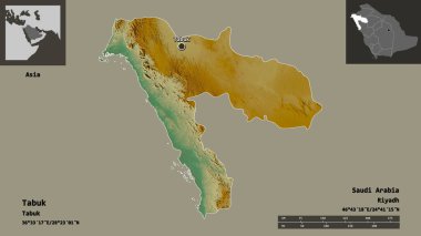 Tabuk 'un şekli, Suudi Arabistan bölgesi ve başkenti. Uzaklık ölçeği, ön gösterimler ve etiketler. Topografik yardım haritası. 3B görüntüleme