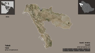 Tabuk 'un şekli, Suudi Arabistan bölgesi ve başkenti. Uzaklık ölçeği, ön gösterimler ve etiketler. Uydu görüntüleri. 3B görüntüleme
