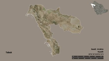 Tabuk 'un şekli, Suudi Arabistan bölgesi, başkenti sağlam bir zemin üzerinde izole edilmiş. Uzaklık ölçeği, bölge önizlemesi ve etiketleri. Uydu görüntüleri. 3B görüntüleme