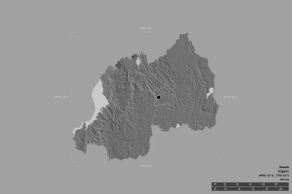 卢旺达的一个地区被隔离在一个地理参照框的坚实背景中 主要区域分部 距离标度 Bilevel高程图 3D渲染 — 图库照片