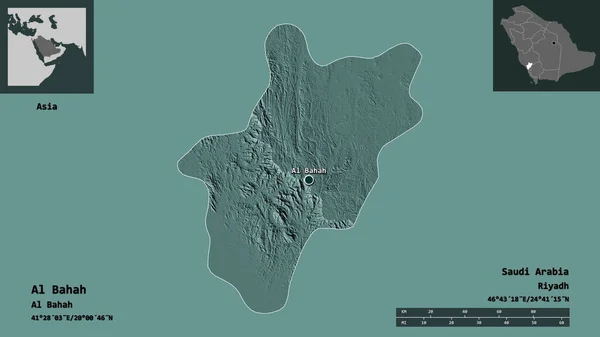 バハの形 サウジアラビアの地域 およびその首都 距離スケール プレビューおよびラベル 色の標高マップ 3Dレンダリング — ストック写真